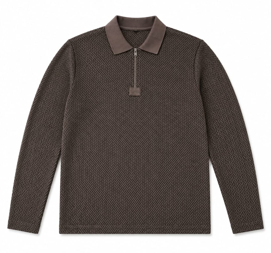 Herringbone Quarter-Zip Polo - Brown, Men's Collection apparel by Haram Textile
