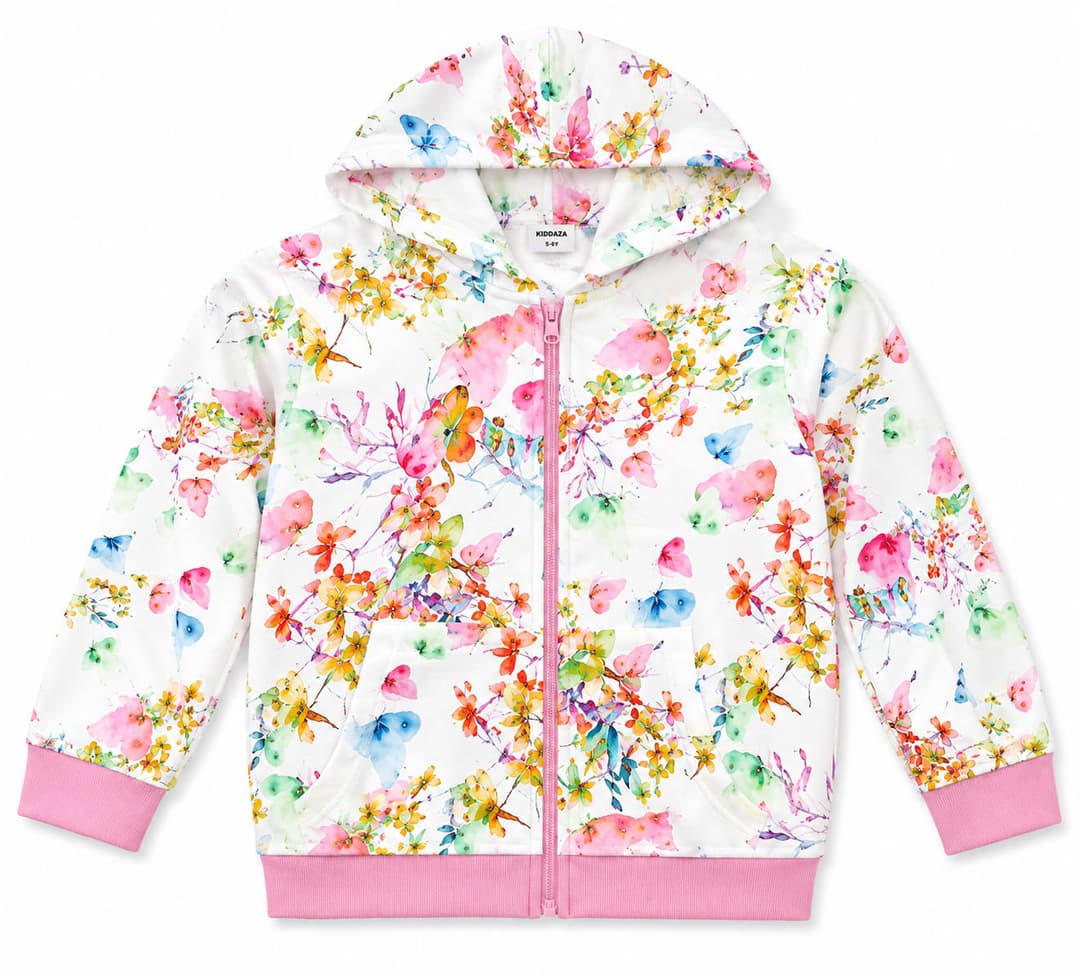 Floral Zip Hoodie, White, Girls Collection apparel by Haram Textile
