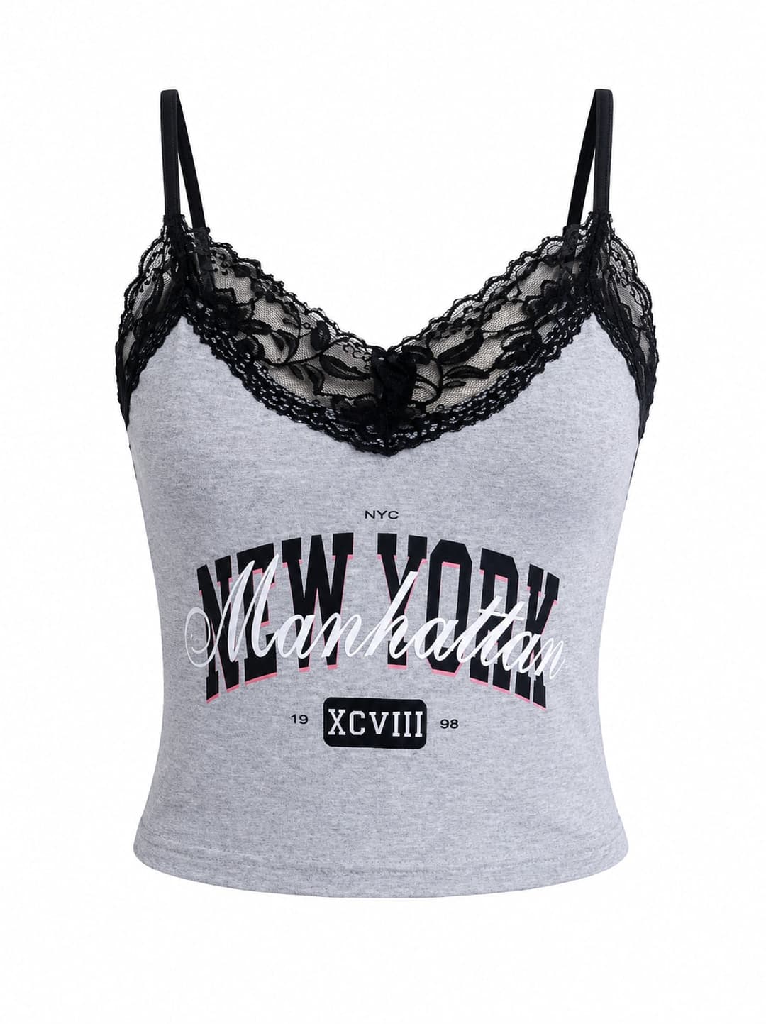 Lace-Trim Cami Top, Grey & Black, Ladies Collection apparel by Haram Textile