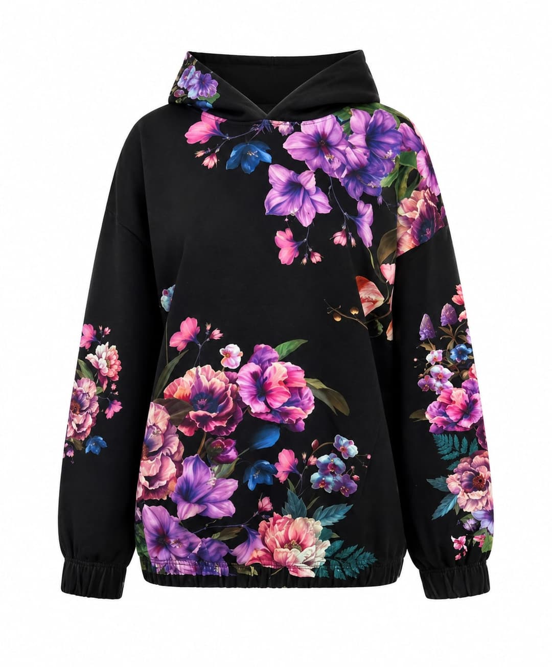 Floral Print Hoodie, Black & Pink, Ladies Collection apparel by Haram Textile