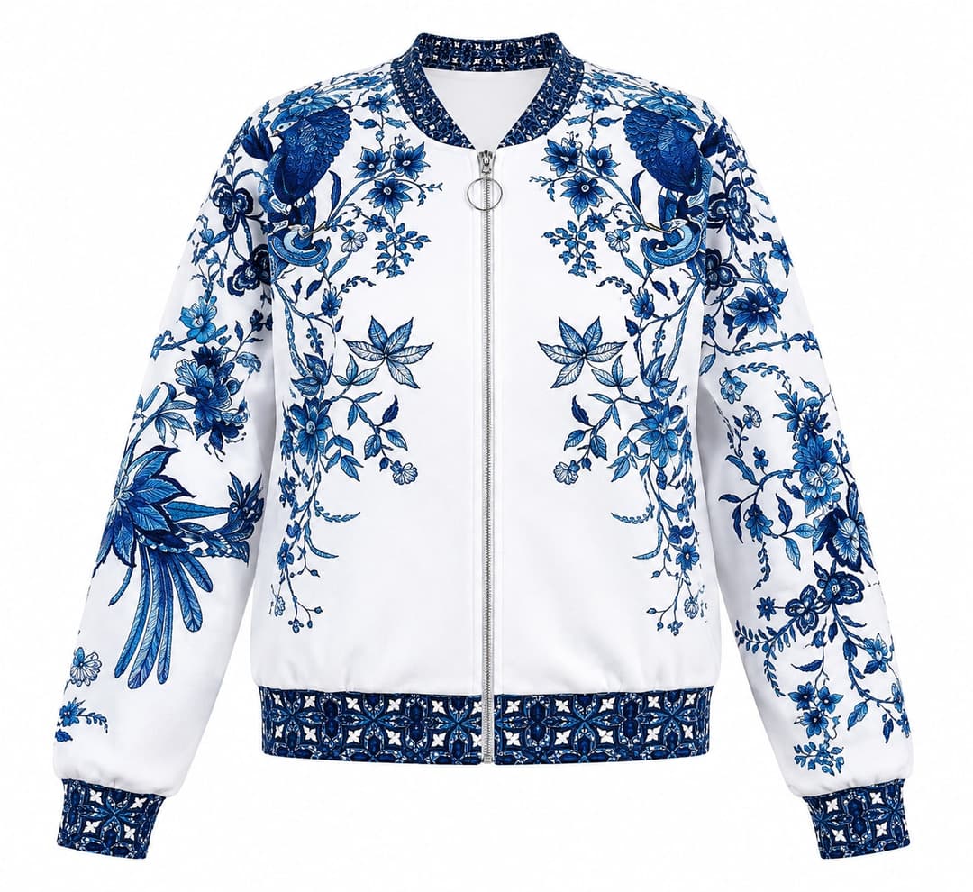 Floral Bomber Jacket, White & Blue, Ladies Collection apparel by Haram Textile