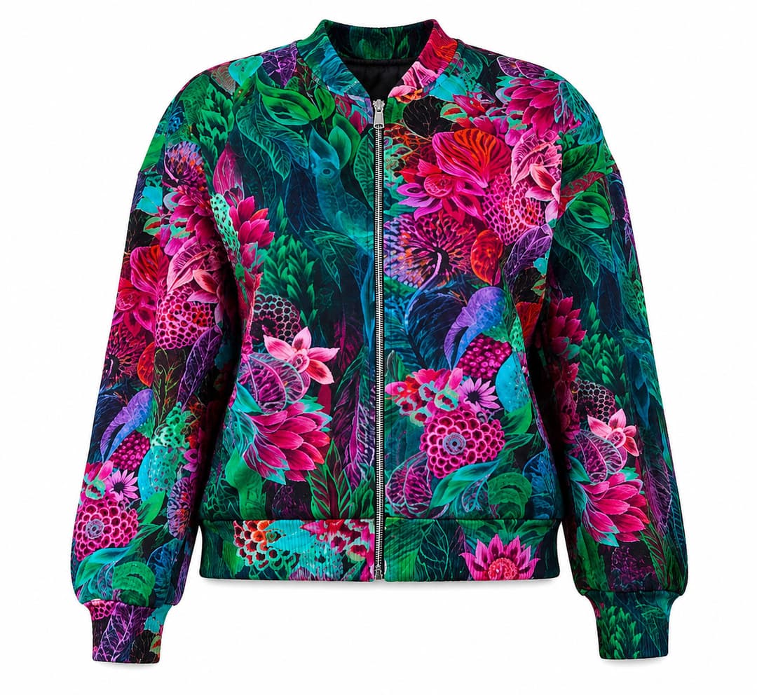 Floral Bomber Jacket, Green & Pink, Ladies Collection apparel by Haram Textile