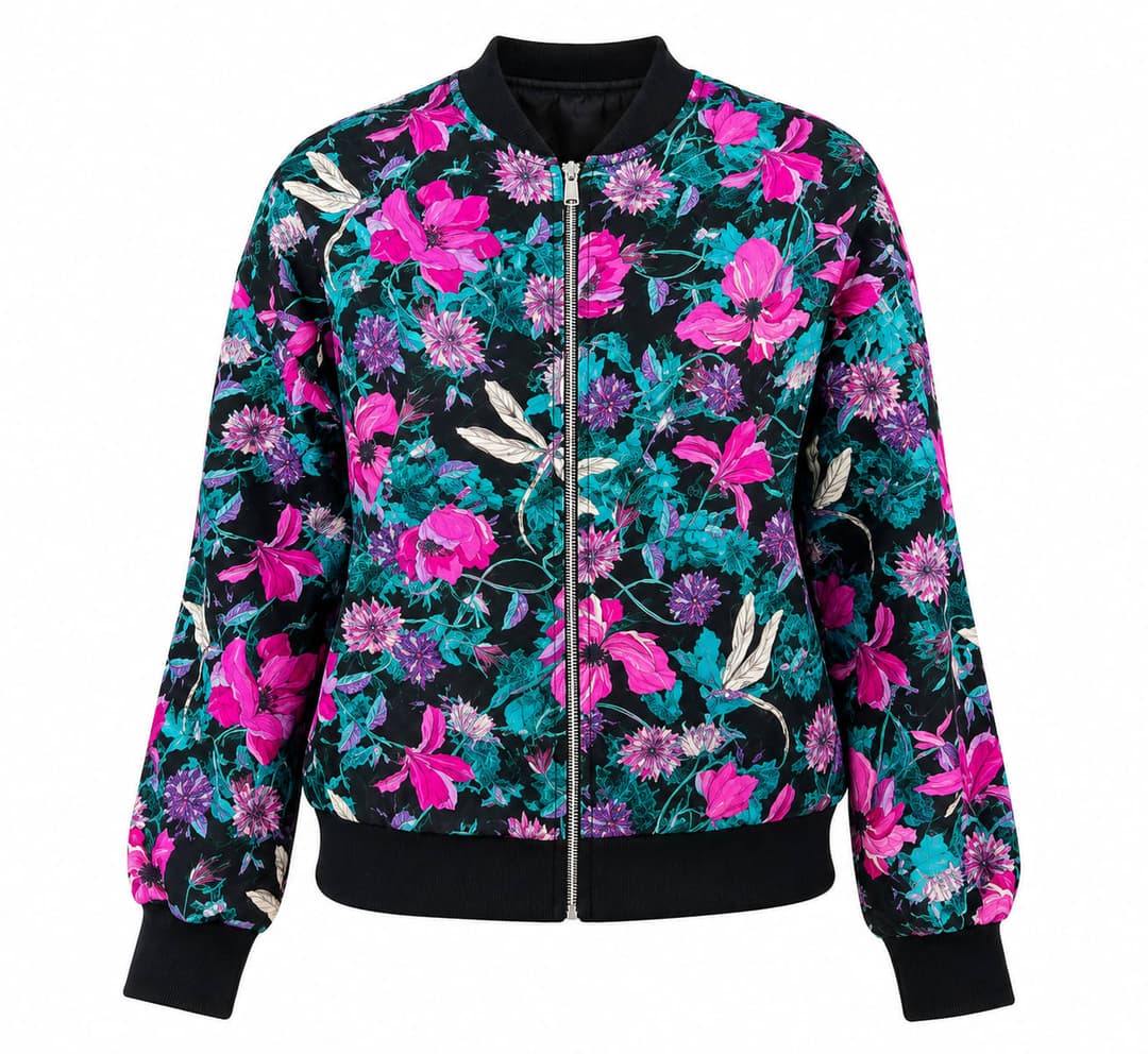 Floral Bomber Jacket, Black & Pink, Ladies Collection apparel by Haram Textile